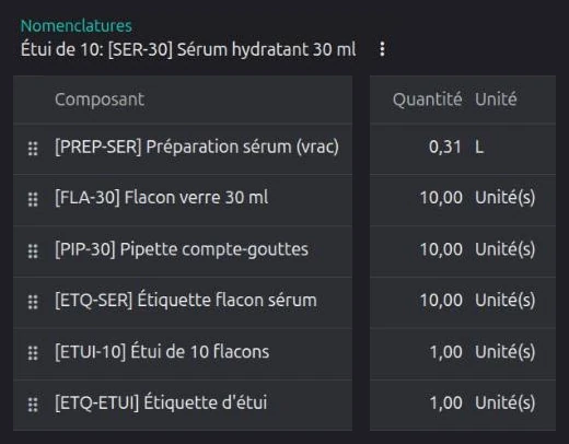 Nomenclature Odoo 20 : la préparation saisie à 0,306 L est enregistrée à 0,31 L