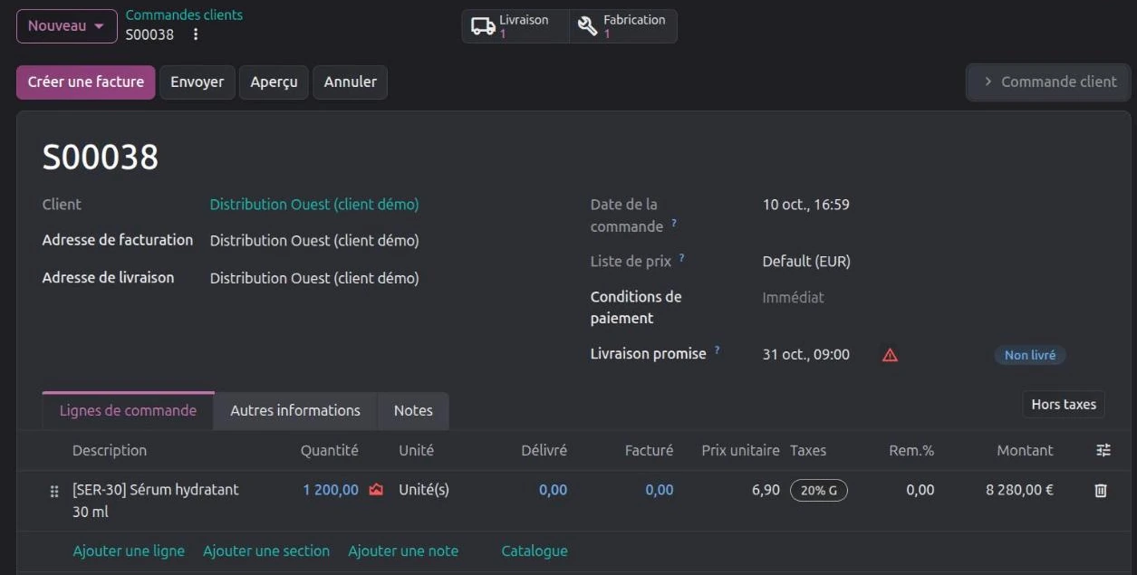 Commande client confirmée avec les boutons Livraison et Fabrication