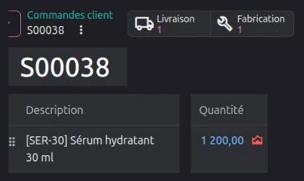 Commande client confirmée avec les boutons Livraison et Fabrication