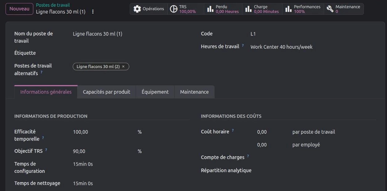 Poste de travail avec poste alternatif, temps de configuration et de nettoyage