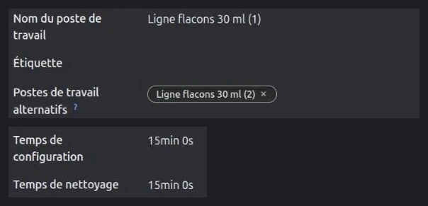 Poste de travail avec poste alternatif, temps de configuration et de nettoyage