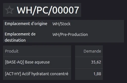 Bon de préparation des composants du stock vers la pré-production