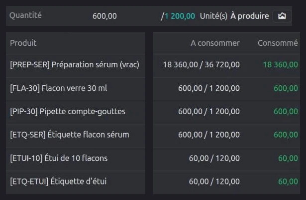 Ordre de fabrication à 600 sur 1 200 : composants recalculés à moitié