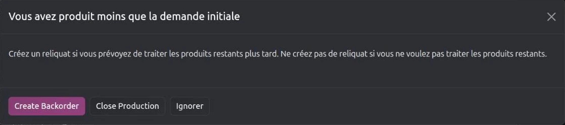 Fenêtre de reliquat après une production partielle