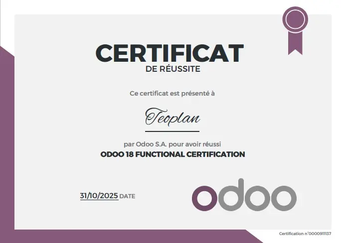 Certificat de réussite Odoo 18 Functional Certification délivré par Odoo S.A. à Teoplan le 31 octobre 2025