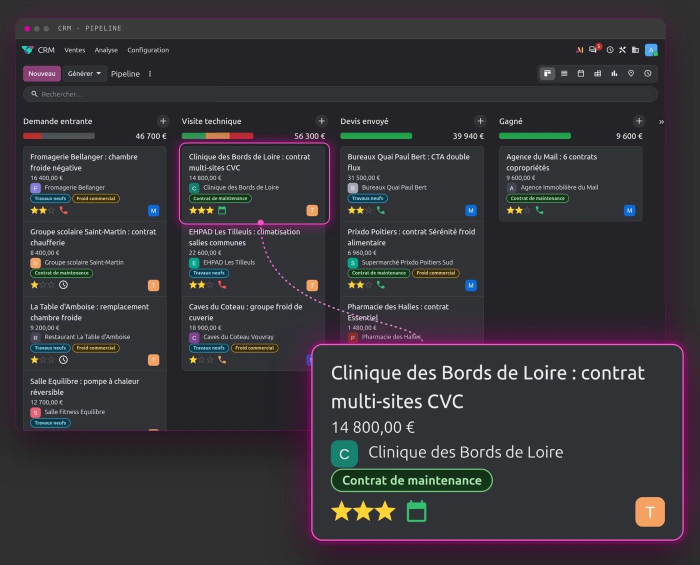 Pipeline Odoo CRM en mode sombre, avec une opportunité agrandie : montant, client, étiquette, priorité et prochaine activité