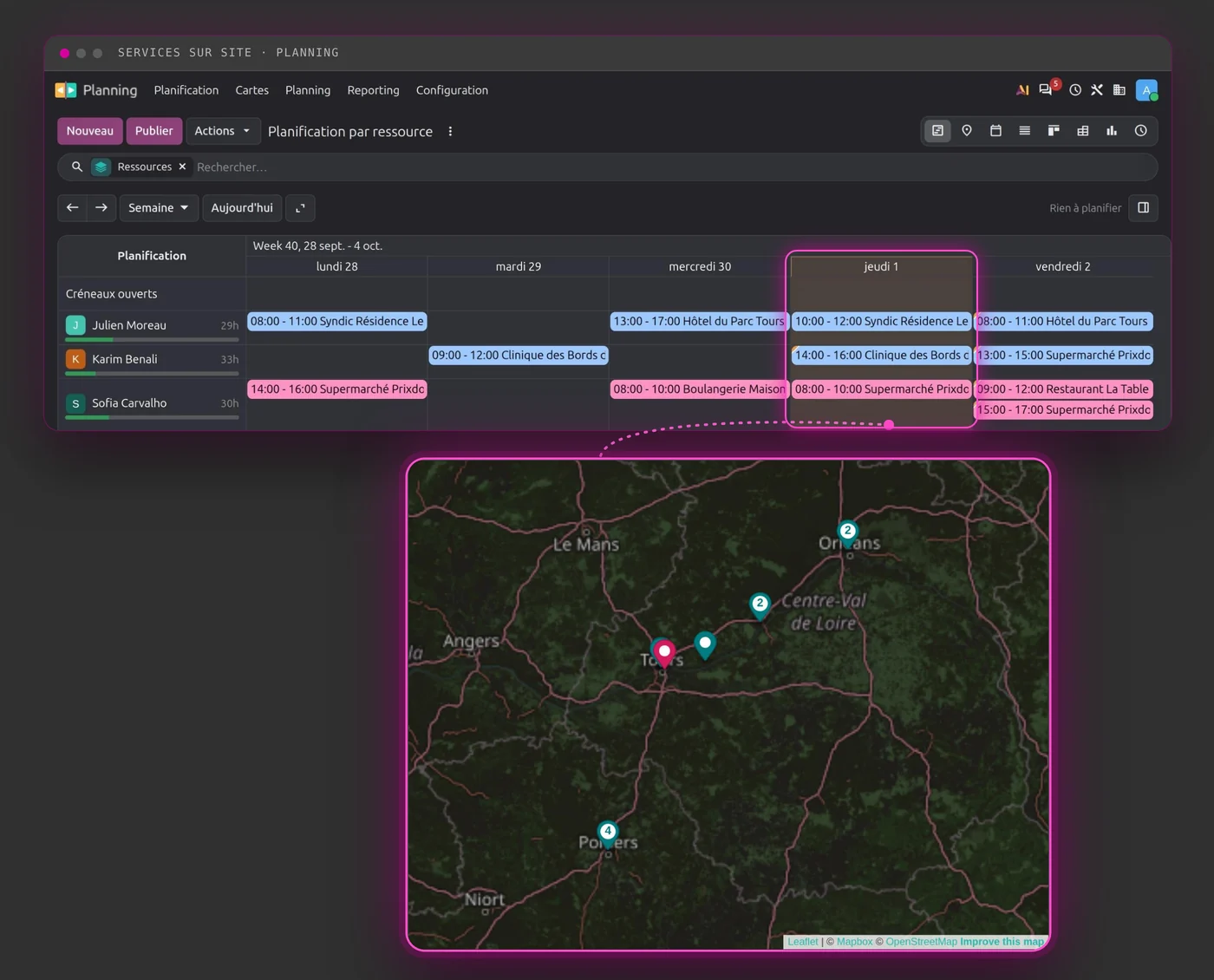 Planning Odoo des techniciens sur la semaine, et carte des interventions du jour entre Tours, Orléans, Blois et Poitiers