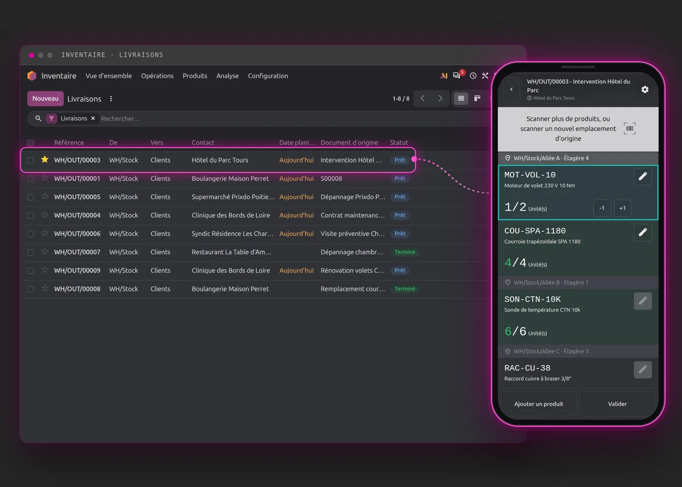 Livraisons dans Odoo Inventaire et préparation au scanner sur smartphone : ligne en cours de scan, emplacements par allée et étagère