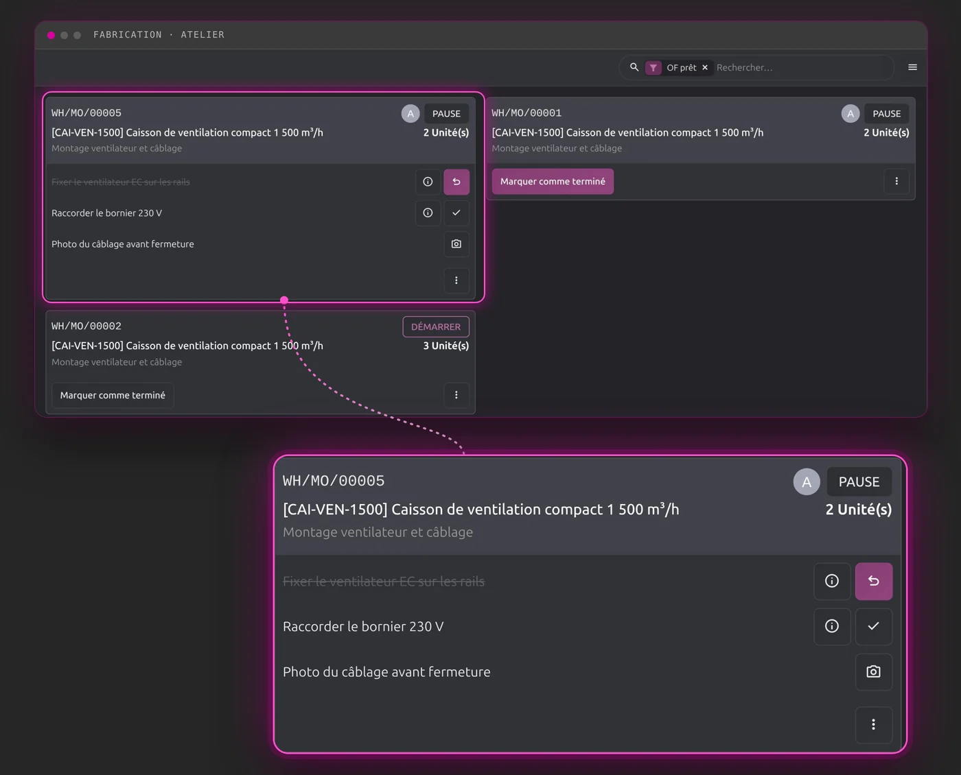 Écran Atelier d'Odoo Fabrication : ordres de travail du poste Assemblage, étapes à valider une à une et chronomètre en cours