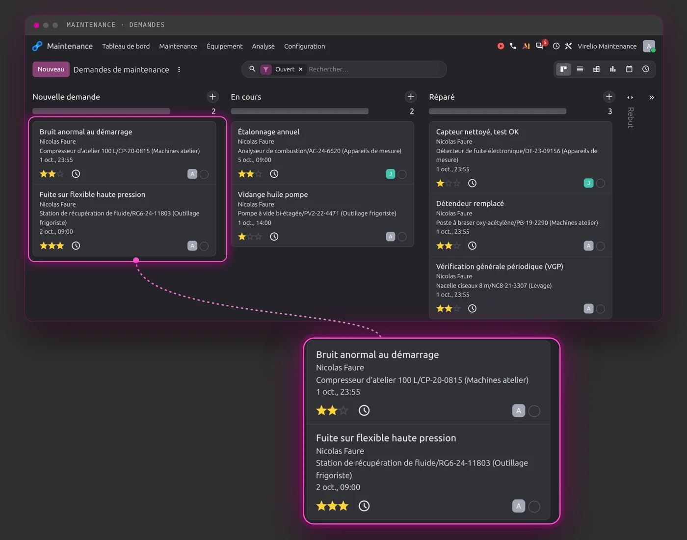 Demandes de maintenance dans Odoo : outillage frigoriste et machines d'atelier, priorités, demandes correctives et préventives par colonne