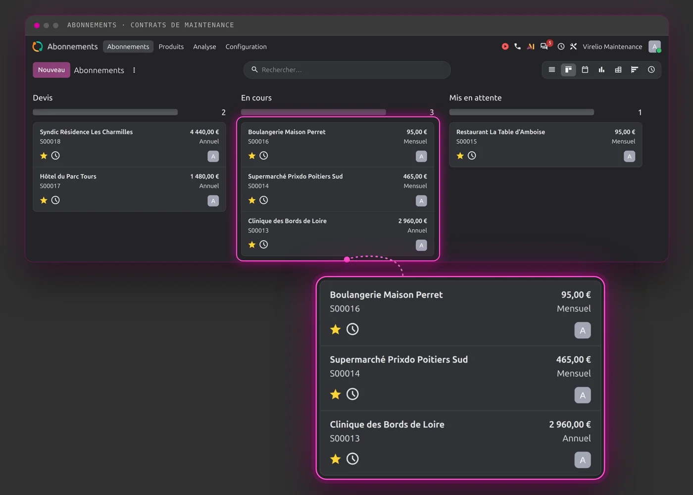 Abonnements Odoo par statut : contrats de maintenance mensuels et annuels en cours, devis à signer et contrat mis en attente