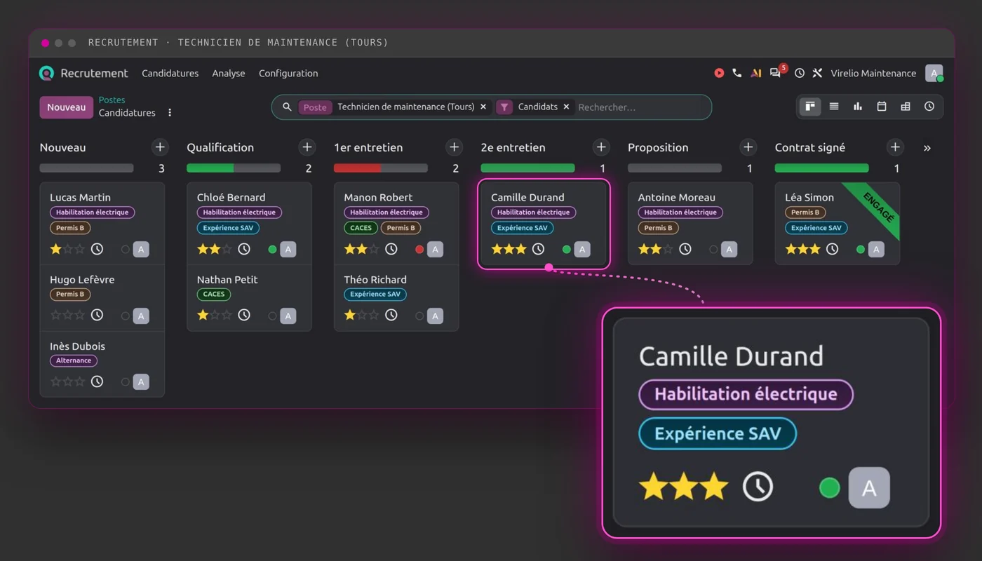 Odoo Recrutement : pipeline des candidatures pour un poste de technicien de maintenance à Tours, de la réception au contrat signé