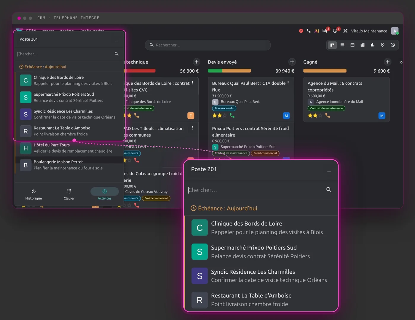 Odoo VoIP : le téléphone intégré s'ouvre sur le pipeline CRM avec la liste des appels du jour vers les clients de Blois, Poitiers et Orléans
